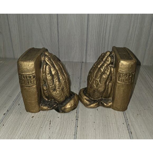 Vintage Praying Hands Bookends Gold Book Holders 5" Tall Bible Religious God - Picture 3 of 8